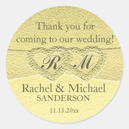 Two Hearts Monogram Faux Gold Foil Classic Round Sticker