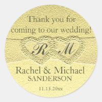 Two Hearts Monogram Faux Gold Foil Classic Round Sticker