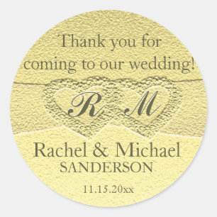 Two Hearts Monogram Faux Gold Foil Classic Round Sticker