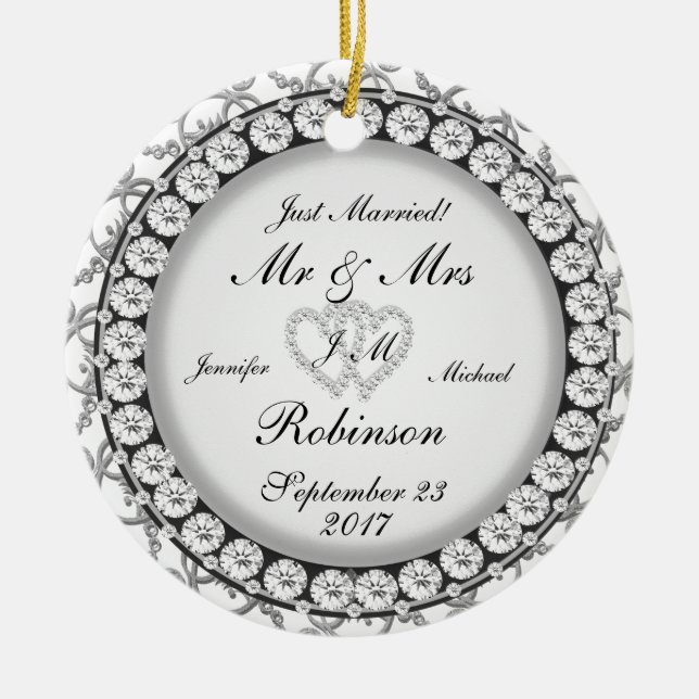 Two Hearts Monogram Wedding Pattern Ceramic Ornament (Front)