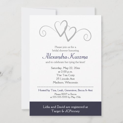 Two Hearts Navy &amp; Silver Bridal Shower Invitation