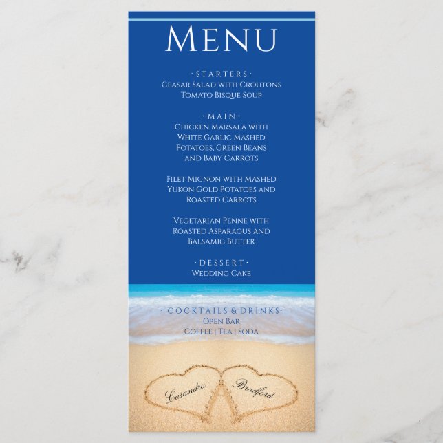 Two hearts on the Beach Wedding Dark Blue Menu (Front)