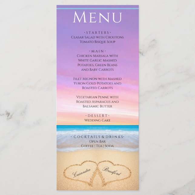 Two hearts on the Beach Wedding Purple Pink Menu (Front)