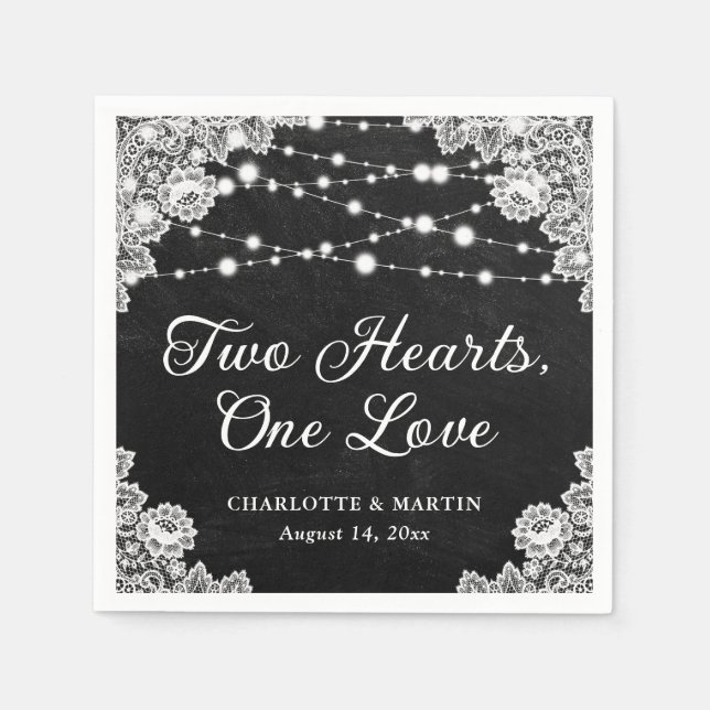 Two Hearts One Love Black Chalkboard Wedding Napkins (Front)