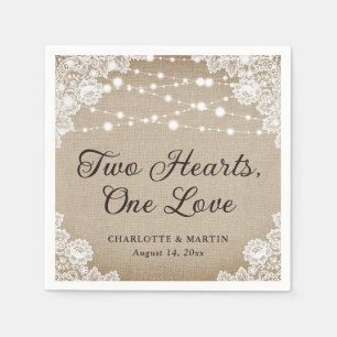 Two Hearts One Love Burlap Rustic Vintage Wedding Napkins