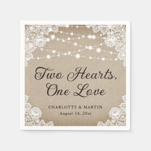 Two Hearts One Love Burlap Rustic Vintage Wedding Napkins