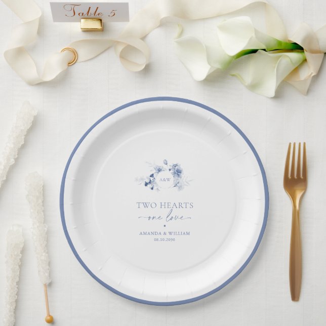 Two Hearts · One Love Dusty Blue Wedding  Paper Plates (Wedding)