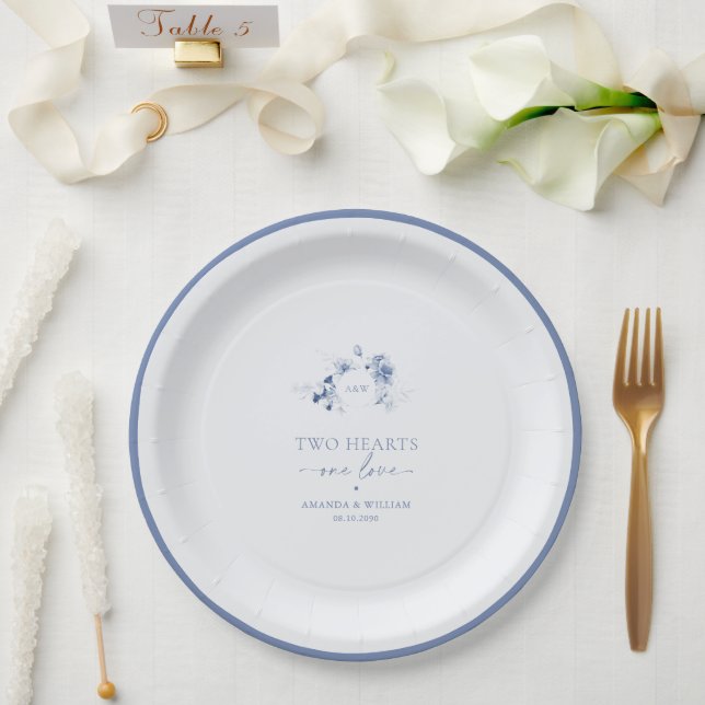 Two Hearts · One Love Dusty Blue Wedding  Paper Plates (Wedding)