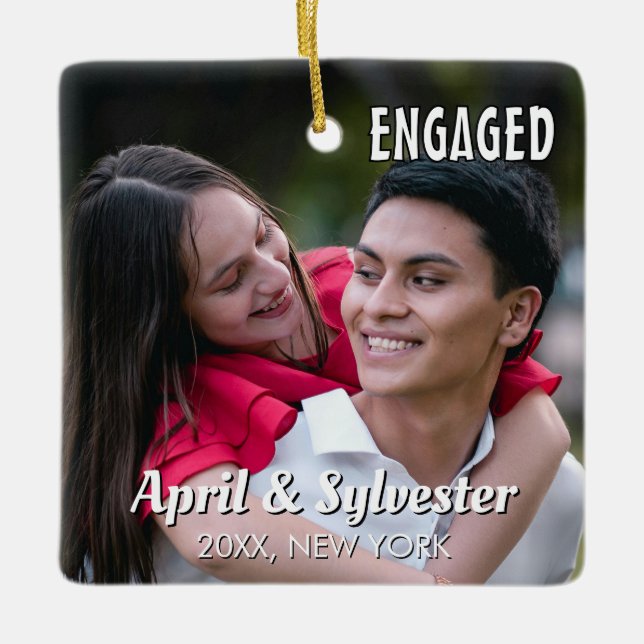 Two Hearts One Love Personalized Engagement Photo  Ceramic Ornament (Front)