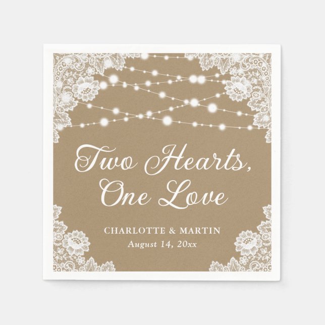 Two Hearts One Love Rustic Kraft Paper Wedding Napkins (Front)