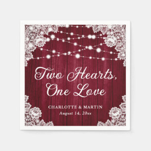 Two Hearts One Love Rustic Wood Burgundy Wedding Napkins