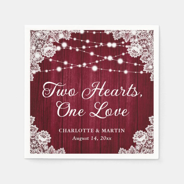 Two Hearts One Love Rustic Wood Burgundy Wedding Napkins (Front)