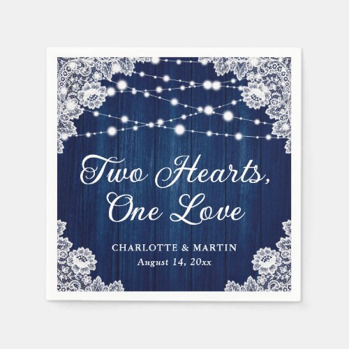 Two Hearts One Love Rustic Wood Navy Blue Wedding Napkins