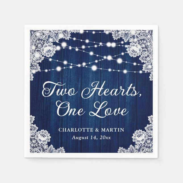 Two Hearts One Love Rustic Wood Navy Blue Wedding Napkins (Front)