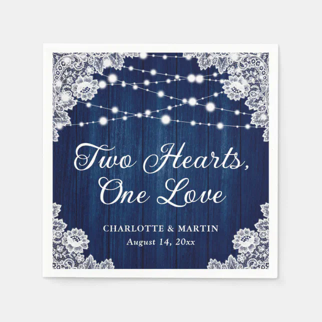 Two Hearts One Love Rustic Wood Navy Blue Wedding Napkins | Zazzle