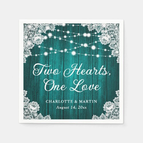 Two Hearts One Love Rustic Wood Teal Wedding Napkins