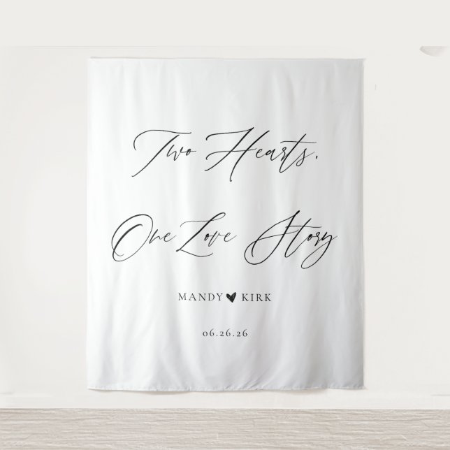 Two Hearts, One Love Story Wedding Backdrop Banner (Front)