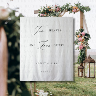 Two Hearts, One Love Story Wedding Backdrop Banner
