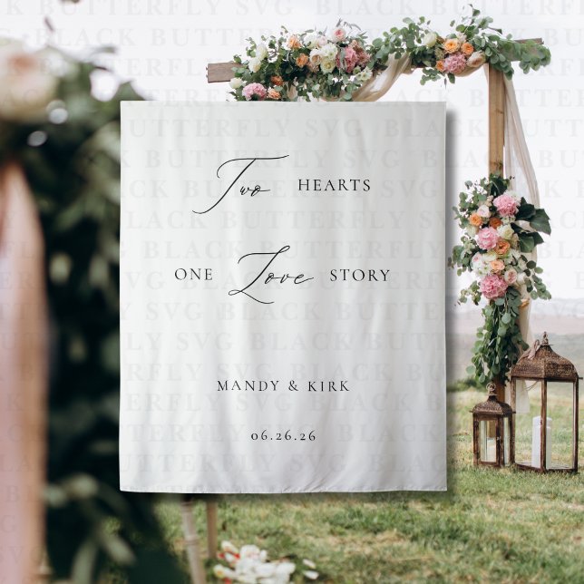 Two Hearts, One Love Story Wedding Backdrop Banner (Two hearts one love story wedding photo backdrop)