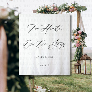 Two Hearts, One Love Story Wedding Backdrop Banner