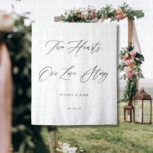 Two Hearts, One Love Story Wedding Backdrop Banner (Two hearts one love story wedding ceremony backdrop banner)