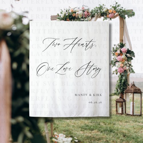 Two Hearts, One Love Story Wedding Backdrop Banner