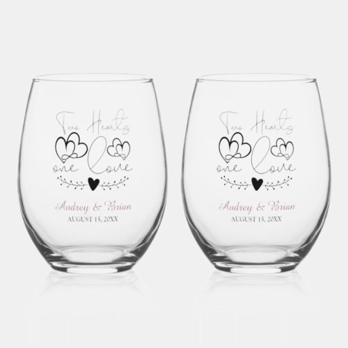 Two Hearts One Love Wedding Keepsake Stemless Wine Glass