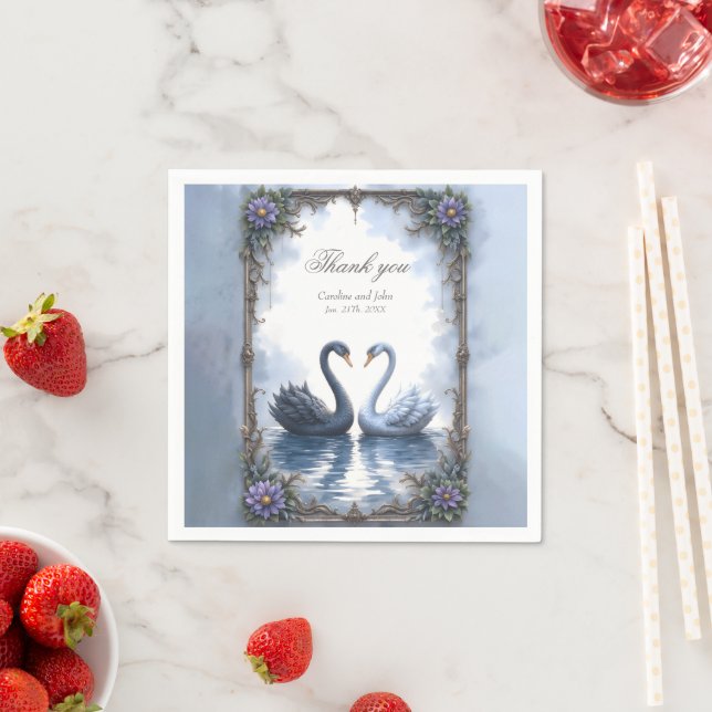 Two Hearts, One Reflection – Romantic Swan Wedding Napkins (Insitu)