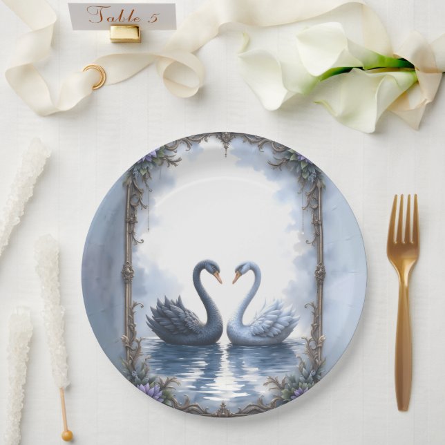 Two Hearts, One Reflection – Romantic Swan Wedding Paper Plates (Wedding)
