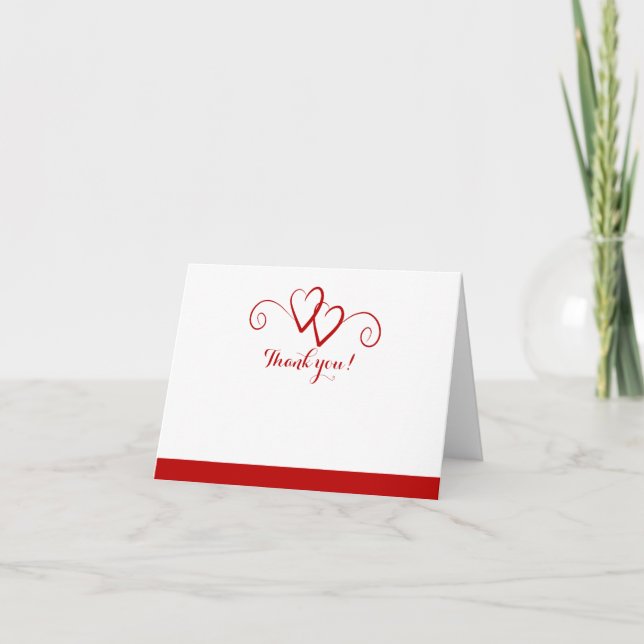 Two Hearts Red Swirl Wedding Thank you Note Card (Front)