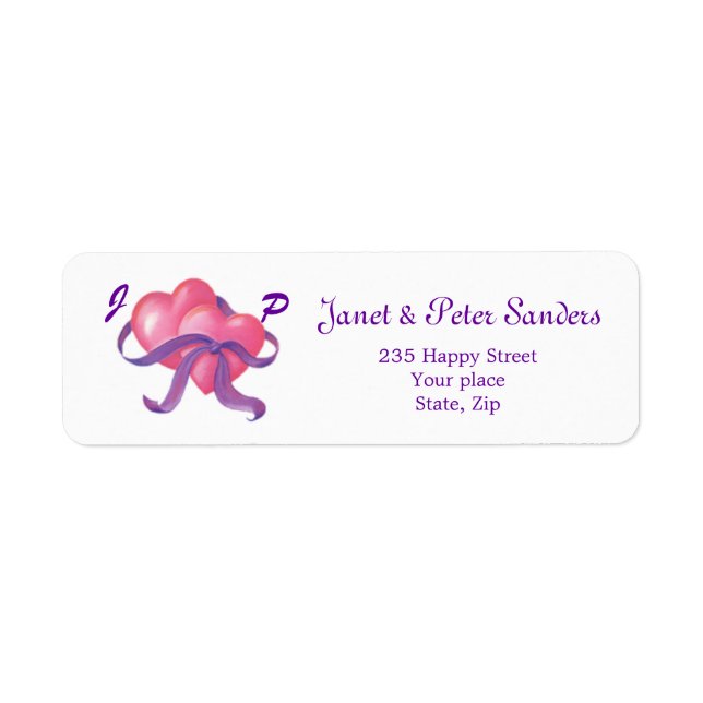 Two hearts, ribbon Monogram Return address label (Front)