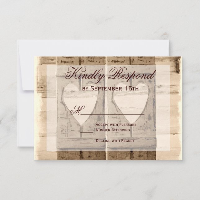 Two Hearts Rustic Shutters Wedding RSVP Cards. (Front)