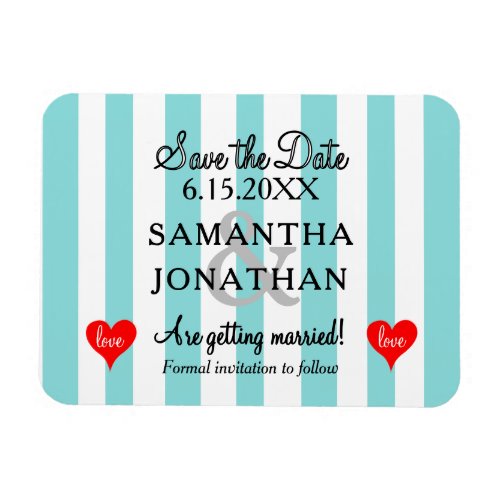 Two Hearts Seafoam Blue White Stripes Wedding Magnet