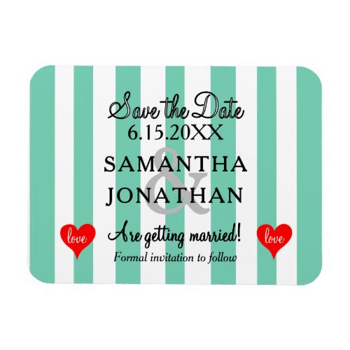 Two Hearts Seafoam Gteen White Stripes Wedding Magnet