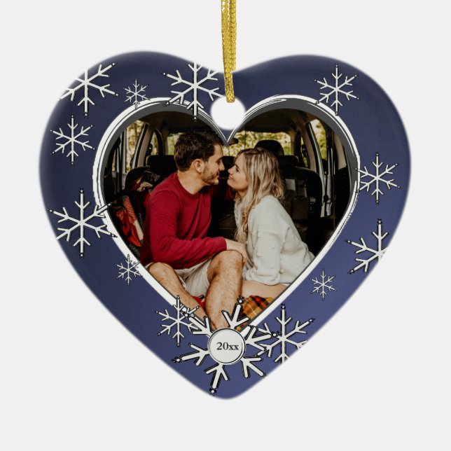 Two Hearts Snowflake Frame Ceramic Ornament (Front)