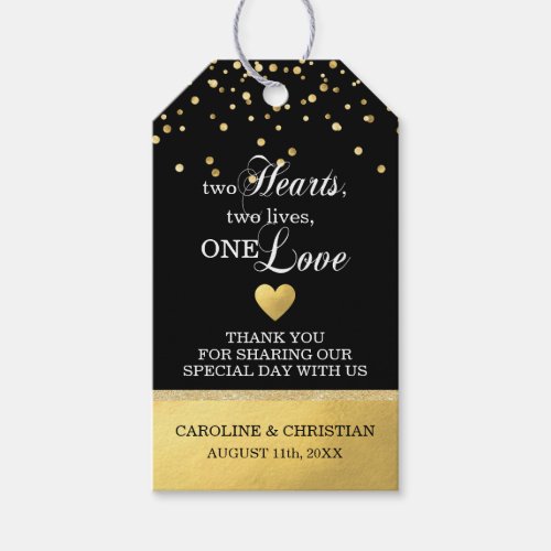 Two Hearts Two Lives One Love Black Gold Wedding Gift Tags