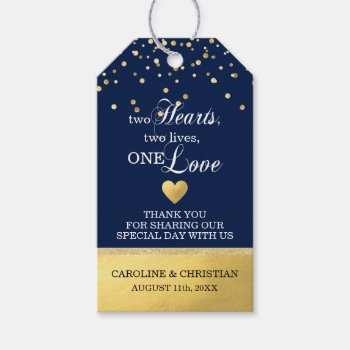 Two Hearts Two Lives One Love Blue Gold Wedding Gift Tags by UniqueWeddingShop at Zazzle