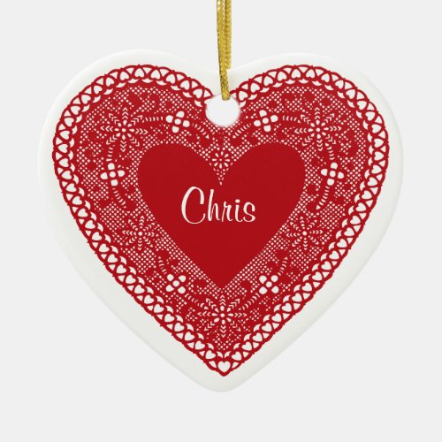 Two Hearts Vintage Lace  Ceramic Ornament