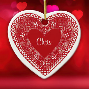 Two Hearts Vintage Lace Ceramic Ornament