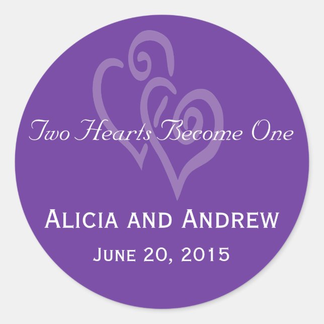 Two Hearts Wedding Favour Sticker Purple (Front)