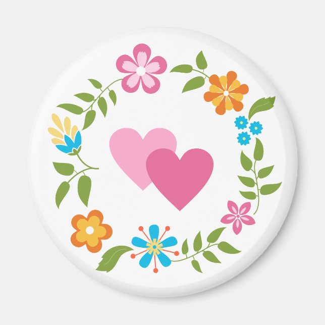 Two Hearts with Flowers Wreath Magnet (Front)