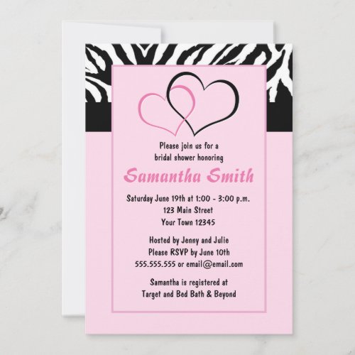 Two Hearts Zebra Pink Bridal Shower Party Invite