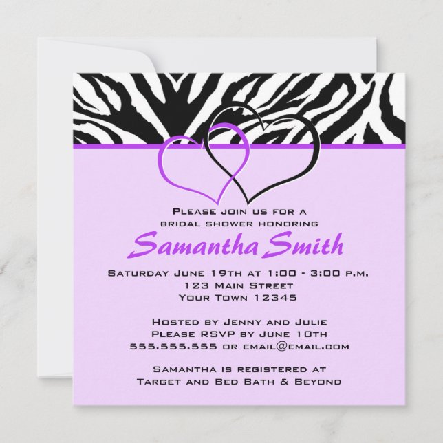 Two Hearts Zebra Purple Bridal Shower Party Invite (Front)