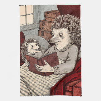 Two hedgehogs reading a book  kitchen towel