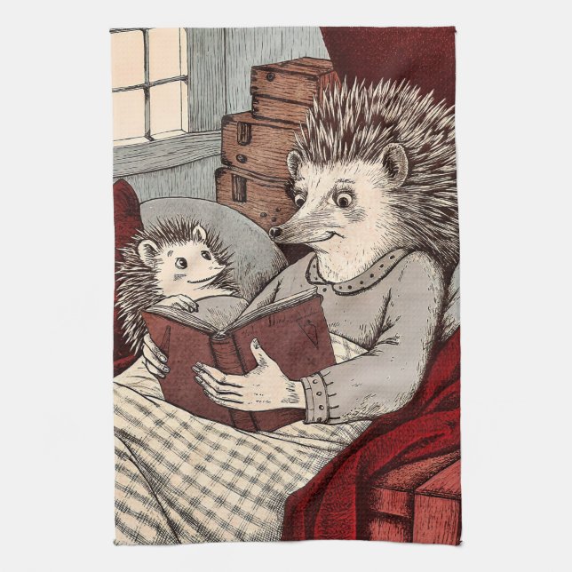 Two hedgehogs reading a book  kitchen towel (Vertical)