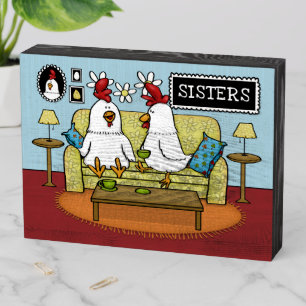 Two Hens on Sofa Wooden Box Sign