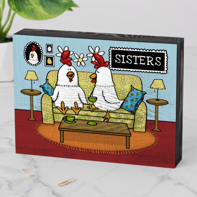 Two Hens on Sofa Wooden Box Sign (In Situ Horizontal)