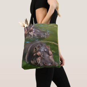 Two Hippos Swimming In Pond, Totebag Tote Bag