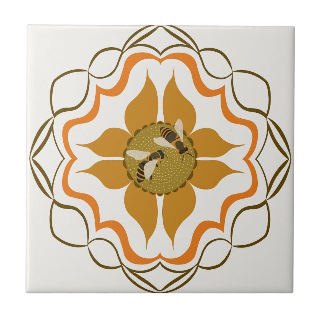 Two Honey Bees Sitting On Yellow Flower  Ceramic Tile (Front)