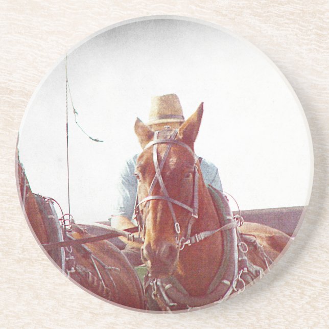Two Horse Amish Team Faux Vintage Coaster (Front)